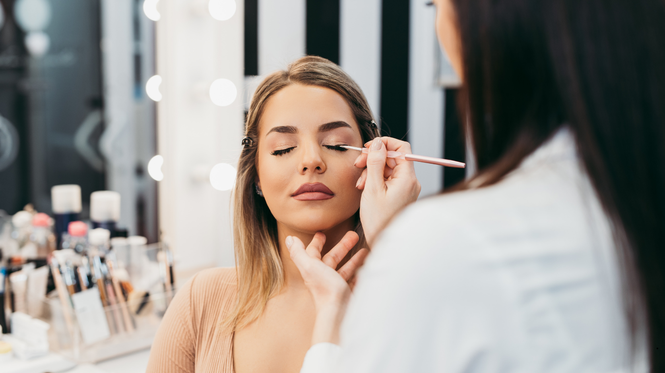 Close-up bridal makeup highlighting eyes and lips